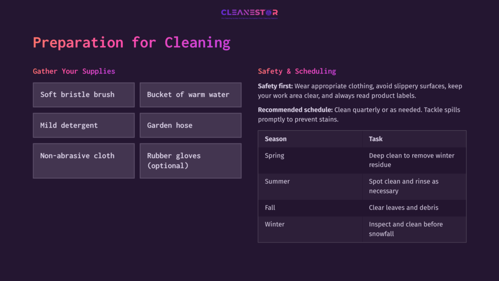 A Dark Purple Graphic Displaying Cleaning Preparation Steps, Including Supplies And Scheduled Cleaning Tasks For Different Seasons.