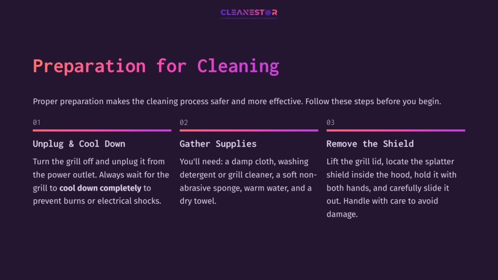 Instructions For Cleaning A Ninja Foodi Grill, Featuring Steps With Numbered Headings. Dark Background With Bold Text In White And Purple.