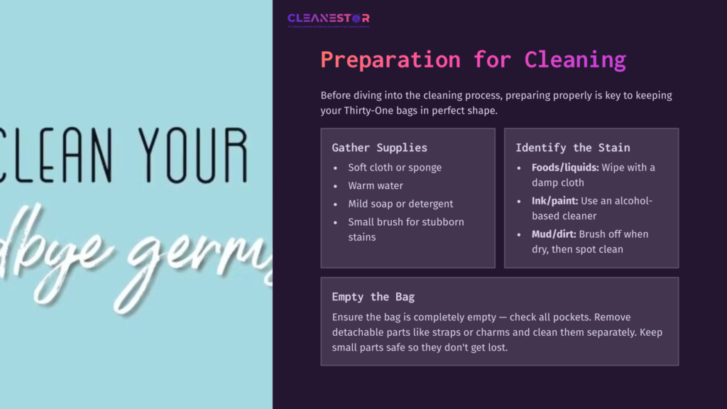 Background With Soft Turquoise Hue; Text In Purple About Cleaning Thirty-One Bags. Sections Titled &Quot;Gather Supplies&Quot; And &Quot;Identify&Quot;.
