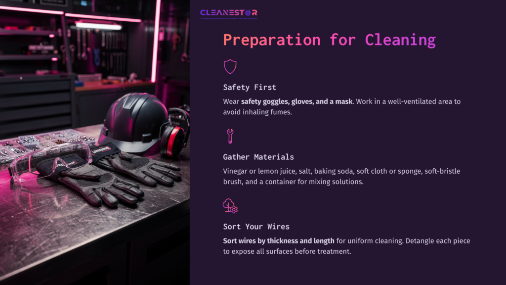 Safety Gear Including Goggles And Gloves Sits On A Workbench Alongside Cleaning Materials Like Vinegar And Baking Soda, Illuminated By Pink Lighting.