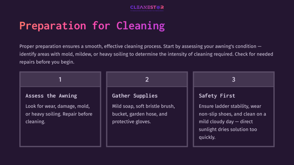 Text On A Dark Background Outlines Steps For Cleaning A Sunbrella Awning: Assessing The Awning, Gathering Supplies, And Safety Tips.