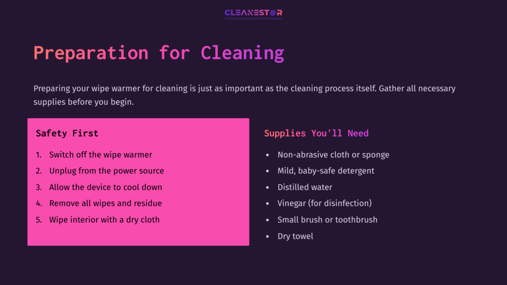Preparation Steps For Cleaning A Wipe Warmer, Featuring A Pink Box For Supplies And Safety Tips On A Dark Background.