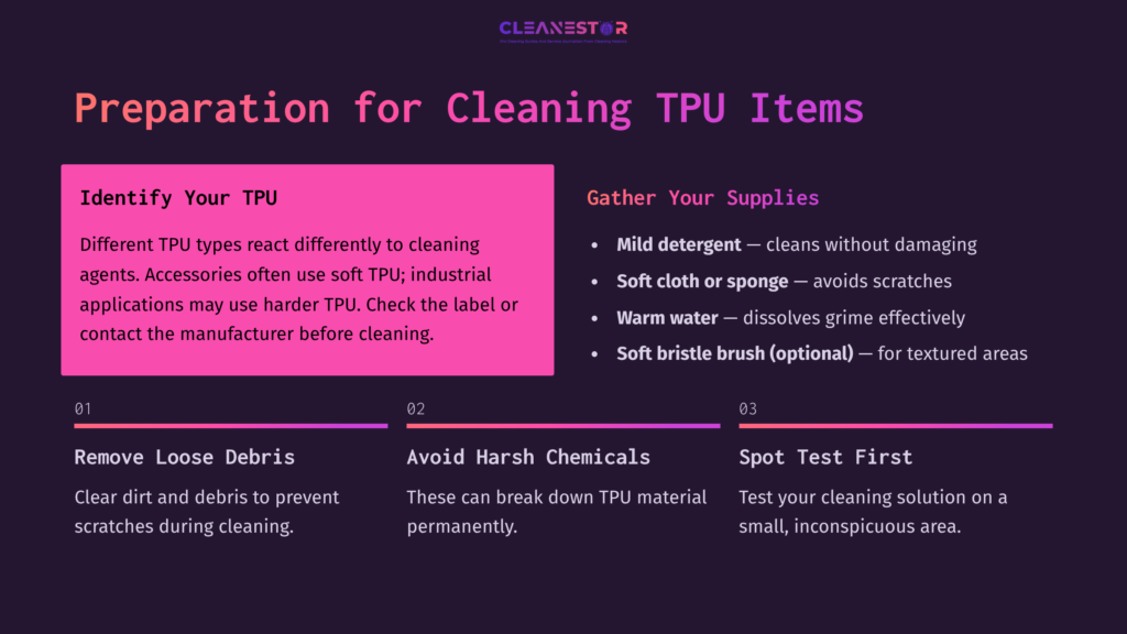 Infographic Outlining Steps To Clean Tpu Items, Featuring Bold Headings In Pink And Purple With Bullet Points For Tips And Supplies.