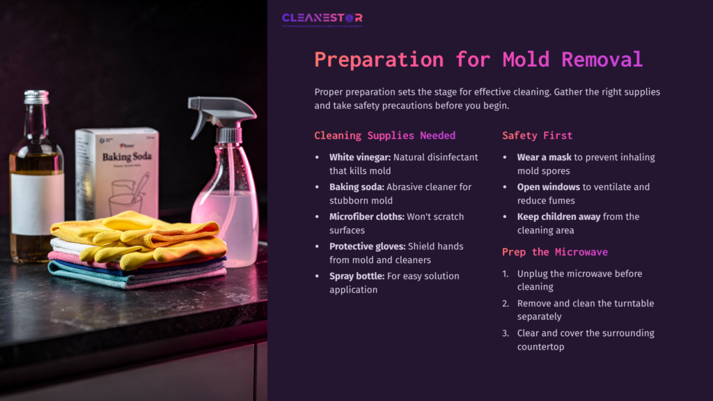 3 Preparation For Mold Removal Cleaning Supplies For Mold Removal Include Vinegar, Baking Soda, Microfiber Cloths, And Spray Bottle, Arranged With Safety Tips On A Purple Background.