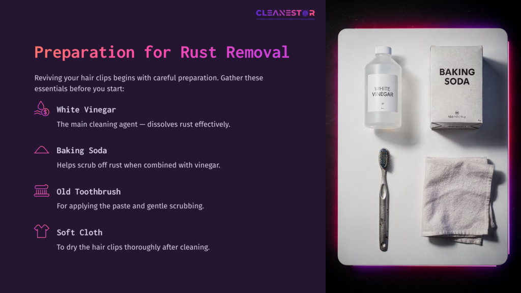 Preparation Items For Rust Removal: White Vinegar, Baking Soda, An Old Toothbrush, And A Soft Cloth Arranged On A Light Surface.