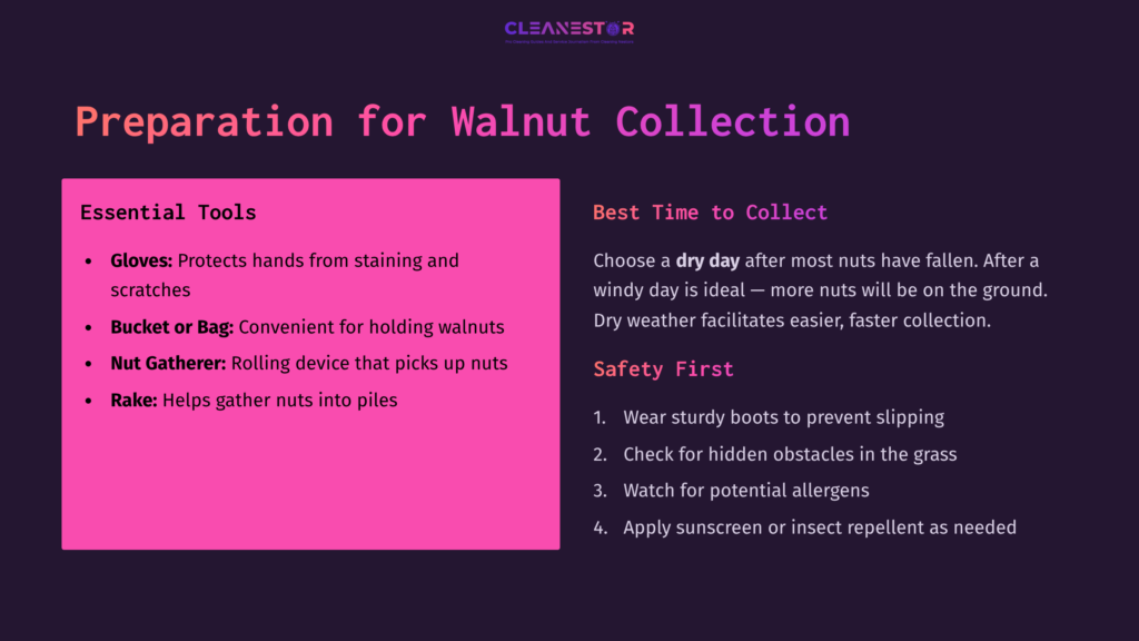 Text On A Vibrant Pink Background Lists Essential Tools And Safety Tips For Collecting Walnuts, Alongside A Dark Blue Background.