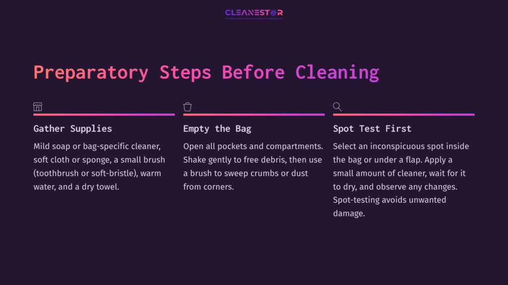 3 Preparatory Steps Before Cleaning 2 Purple Background With White And Pink Text Detailing Preparatory Steps For Cleaning A Dagne Dover Bag, Including Gathering Supplies, Emptying, And Spot Testing.