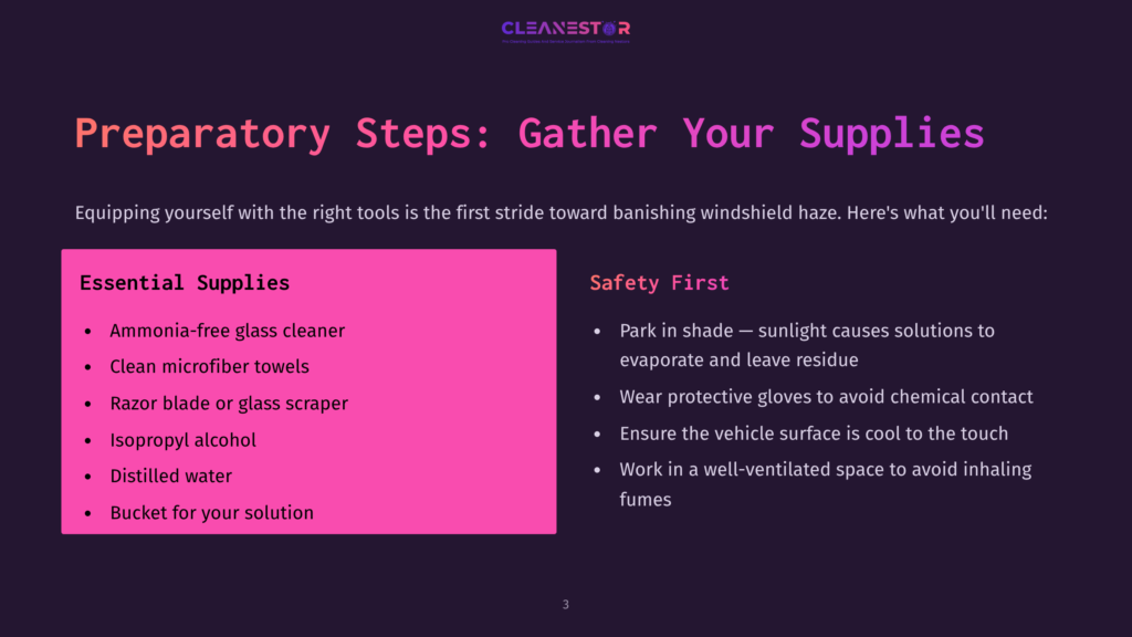Checklist Of Cleaning Supplies Against A Dark Background, Featuring Bright Pink Boxes For Essential Items And Safety Tips, With Clear Headings And Icons.