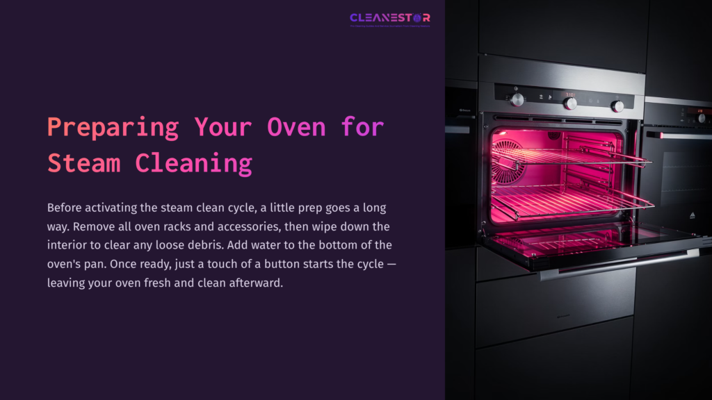 A Dark Kitchen Scene Featuring A Frigidaire Oven With Pink Interior Lighting, Showcasing Its Empty Racks And A Water Tray Prepared For Steam Cleaning.