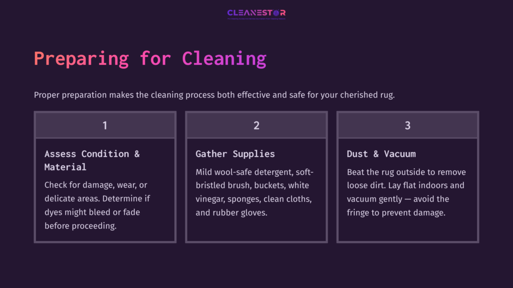 Instructions On Cleaning A Hand-Knotted Wool Rug, Featuring Steps For Assessment, Supplies Gathering, And Vacuuming, On A Dark Background.