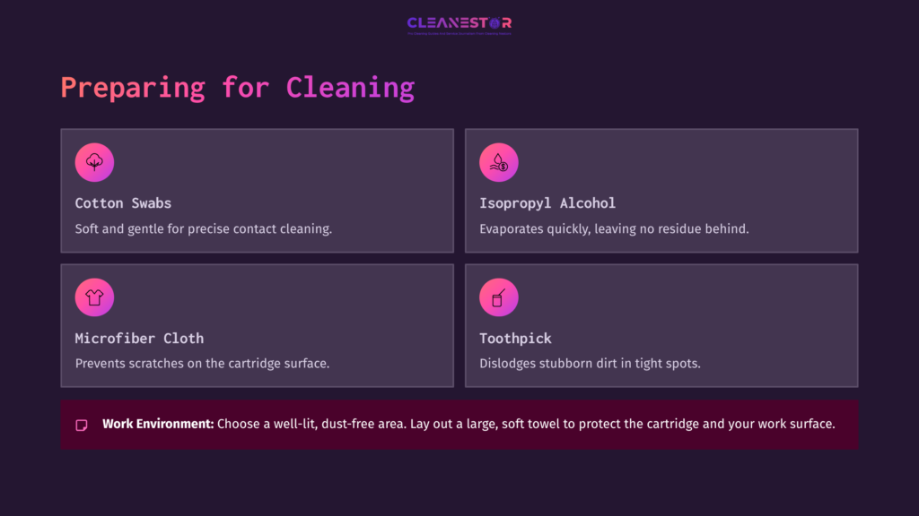 Four Key Cleaning Tools For Ds Cartridges: Cotton Swabs, Isopropyl Alcohol, Microfiber Cloth, And A Toothpick, On A Dark Purple Background.