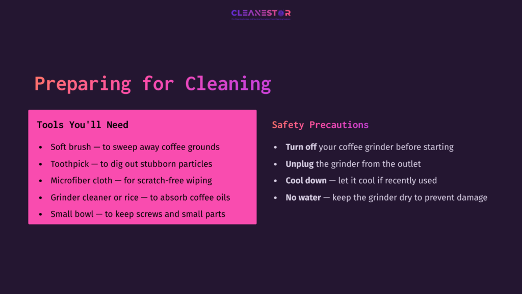 3 Preparing For Cleaning 4 Preparation For Cleaning A Bodum Coffee Grinder, Listing Tools Needed On A Pink Block With Safety Precautions In White Text On A Dark Background.