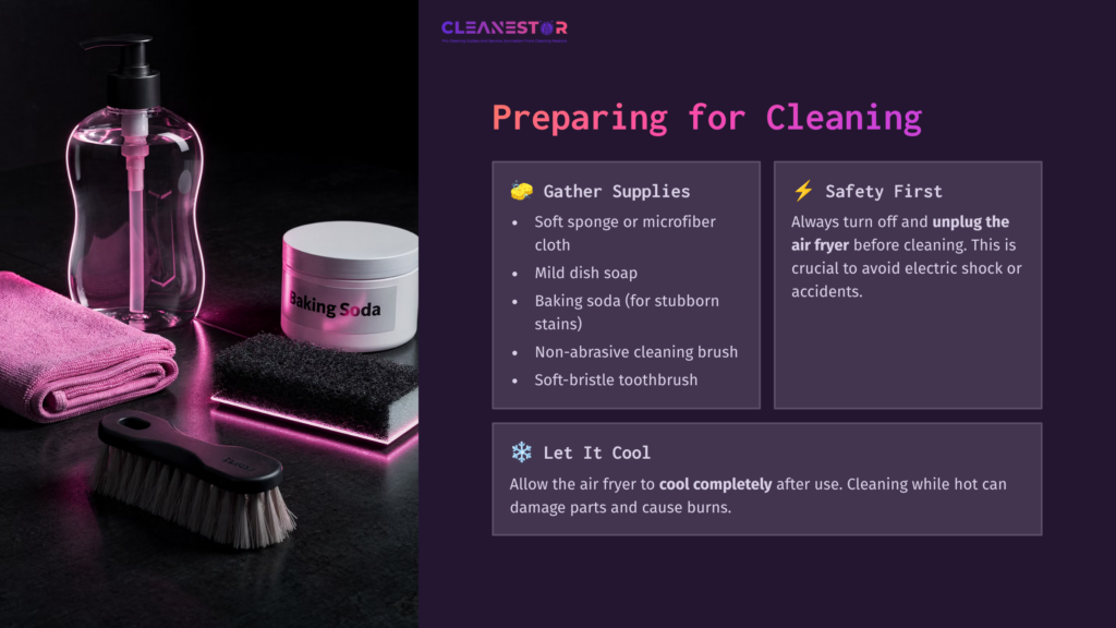 Cleaning Supplies Arranged On A Dark Background: A Spray Bottle, Baking Soda Container, Sponge, Cleaning Brush, And A Towel.