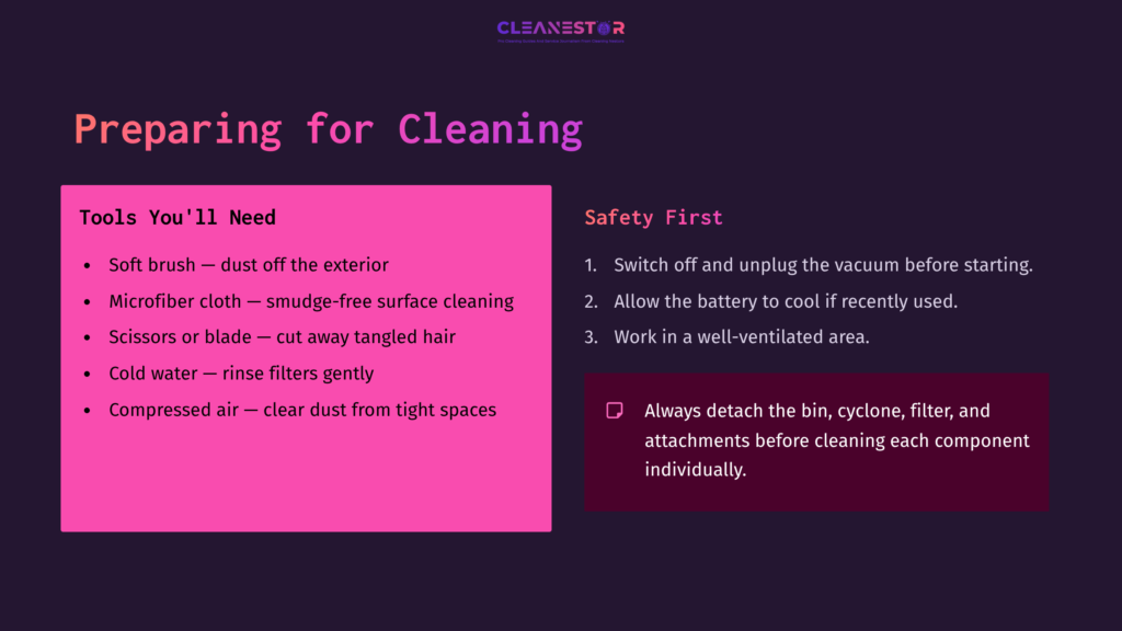 Text On A Dark Purple Background, With A Pink Box Highlighting Cleaning Tools Needed And Safety Tips For Maintaining A Dyson V15 Detect.