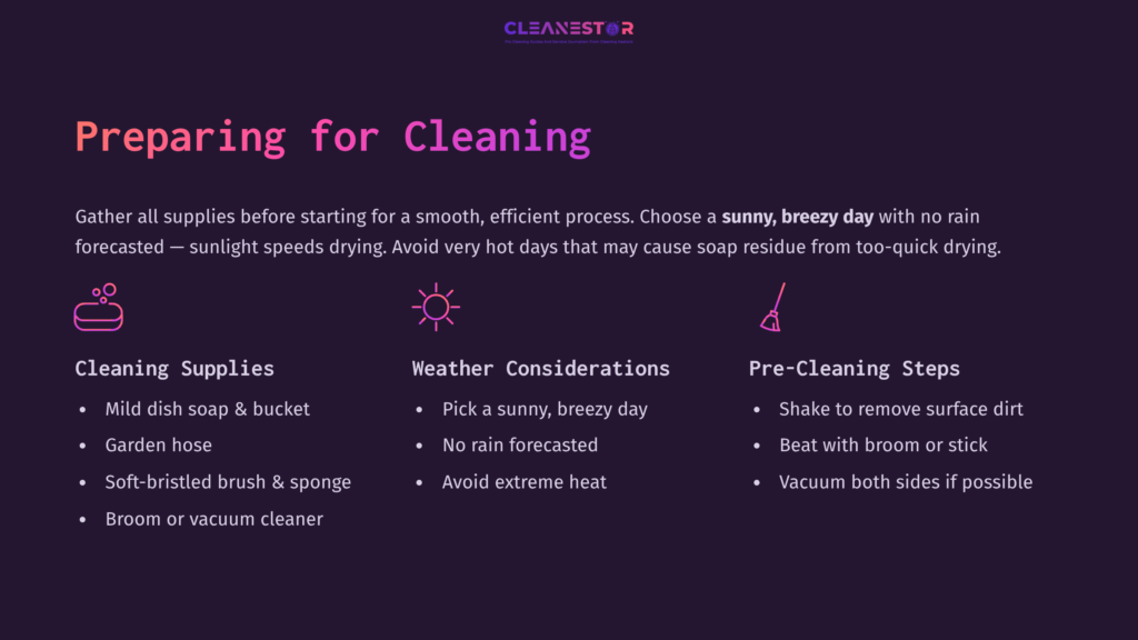 A Dark Background With Pink And White Text Outlines A Cleaning Guide, Listing Supplies, Weather Tips, And Pre-Cleaning Steps For Outdoor Rugs.