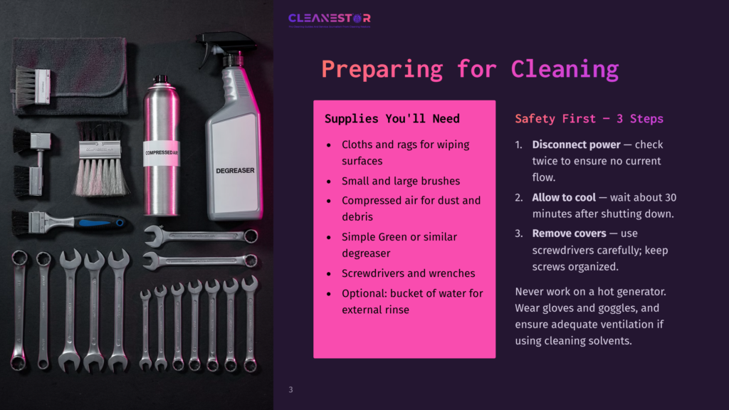 Supplies For Cleaning: Pink Spray Bottle, Rags, Brushes, And A Set Of Wrenches On A Dark Background, With Safety Instructions Listed.