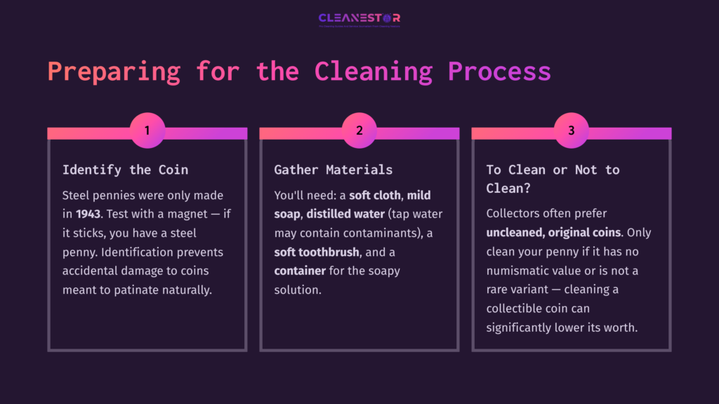 Infographic Titled &Quot;Preparing For The Cleaning Process,&Quot; Featuring Steps To Clean A Steel Penny With Colorful Sections And Clear Headings.