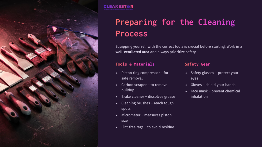 A Workspace With Gloves, A Piston Ring Compressor, Scrapers, Brushes, And Safety Gear, On A Dark Surface With Hints Of Purple.