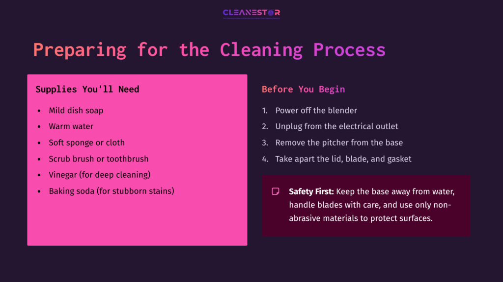 Preparation Guide For Cleaning A Cuisinart Blender, Listing Supplies Like Mild Dish Soap, Cloth, And Safety Reminders In Pink And Purple Text.