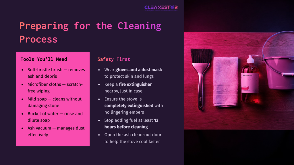 Tools For Cleaning A Soapstone Wood Stove: Brushes, Cloths, A Spray Bottle, And Safety Gear Displayed On A Wooden Surface With A Pink Hue.