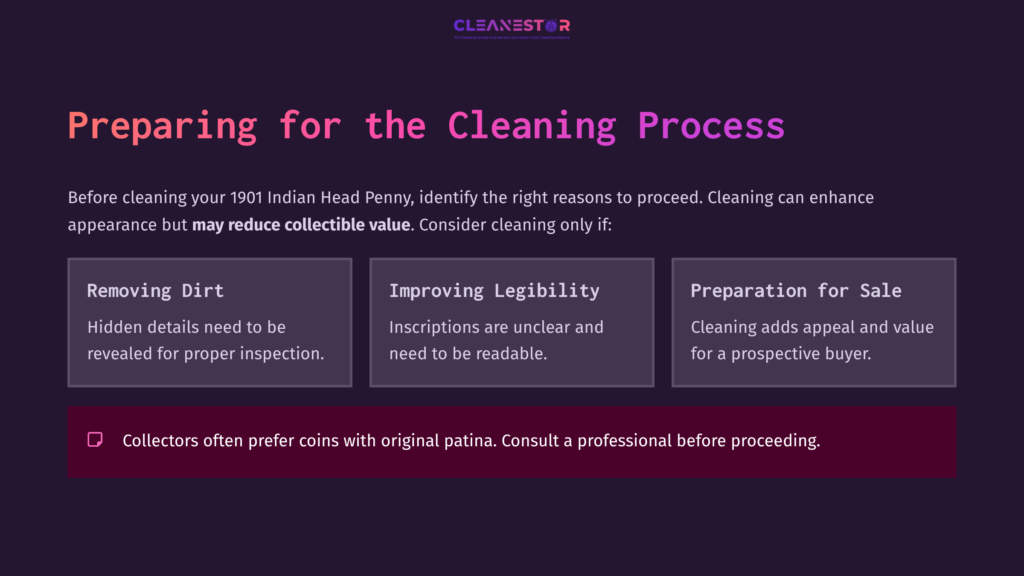 3 Preparing For The Cleaning Process 13 Text On A Dark Purple Background Outlines Three Key Steps For Cleaning A 1901 Indian Head Penny: Removing Dirt, Improving Legibility, And Preparation For Sale.