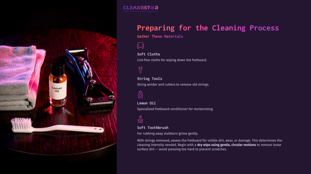 3 Preparing For The Cleaning Process 15 A Dark Wooden Surface With Cleaning Tools: A Soft Cloth, Lemon Oil, A Brush, And String Tools For Maintaining A Rosewood Fretboard.