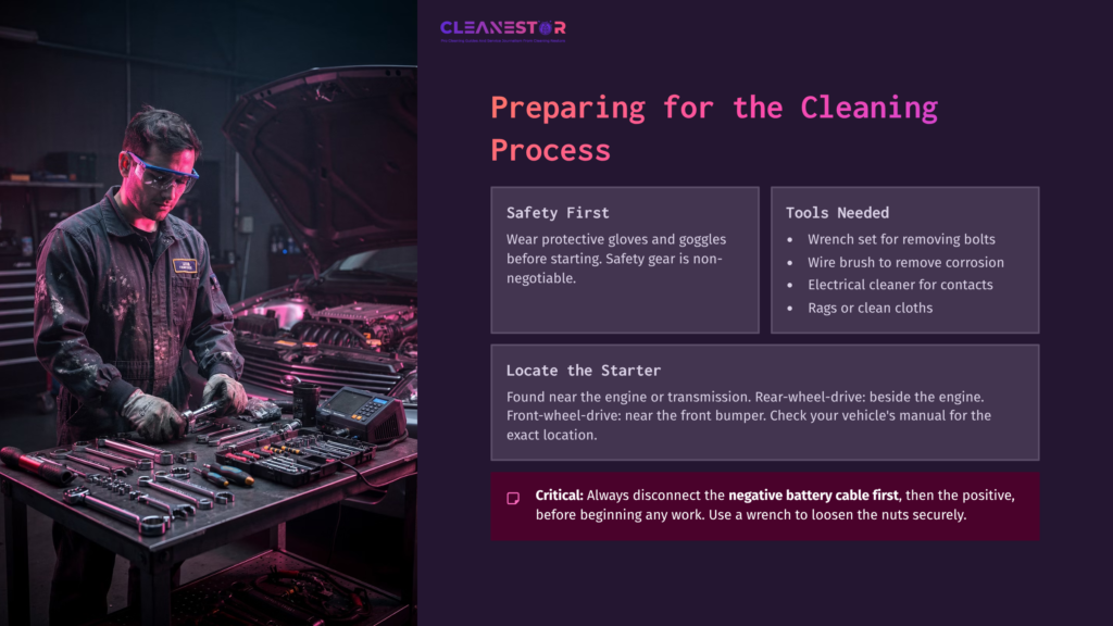 A Mechanic In Gloves Works On An Open Car Engine, With Tools And Cleaning Supplies On A Table, Illuminated By Soft Purple Lighting.