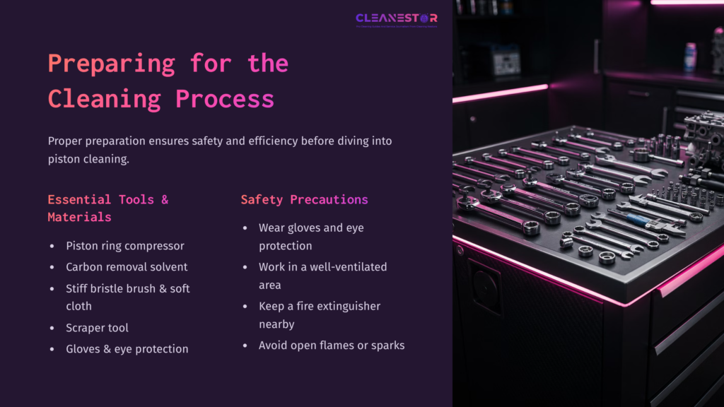 A Dark Workbench With Organized Tools Including A Piston Ring Compressor, Brushes, A Scraper, And Safety Gear, Highlighted By Pink Lighting.