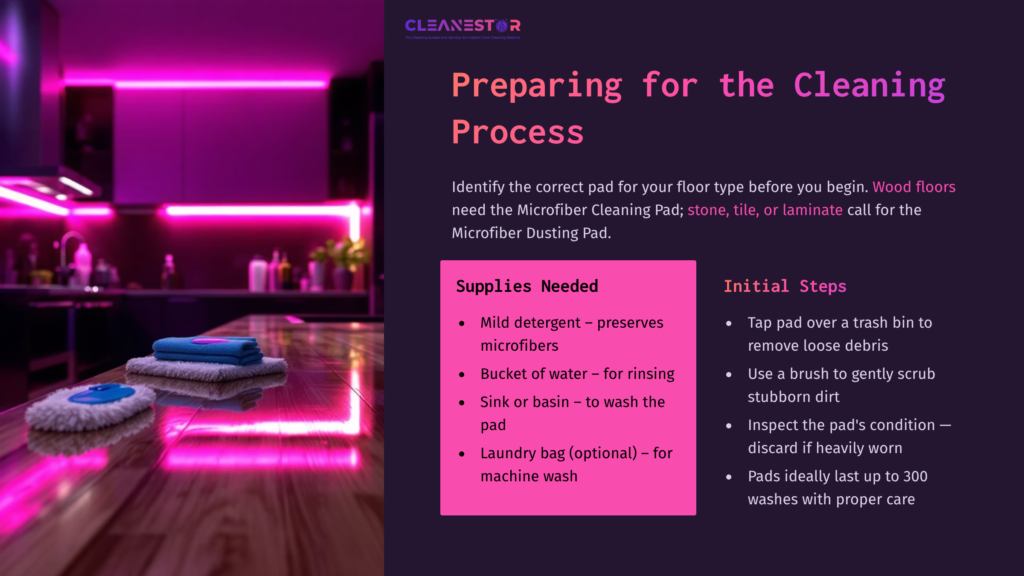 3 Preparing For The Cleaning Process 2 A Cleaning Station Featuring A Bona Cleaning Pad, Microfiber Cloth, Bucket, And Laundry Bag On A Wooden Counter, Surrounded By Vibrant Pink Lighting.