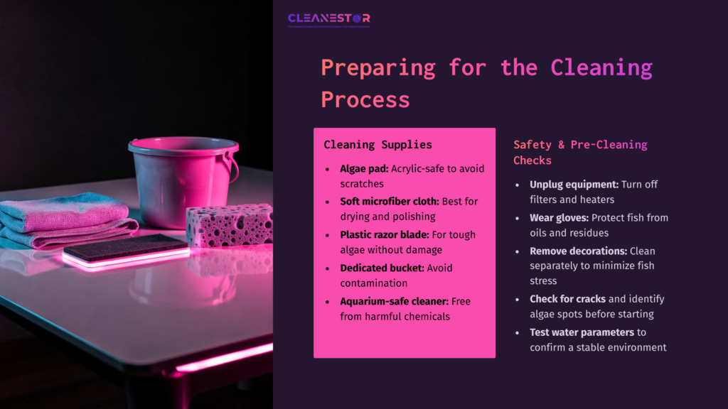 A Pink Bucket And Cleaning Supplies, Including An Acrylic-Safe Pad And Plastic Razor Blade, On A Table With Dim Lighting.