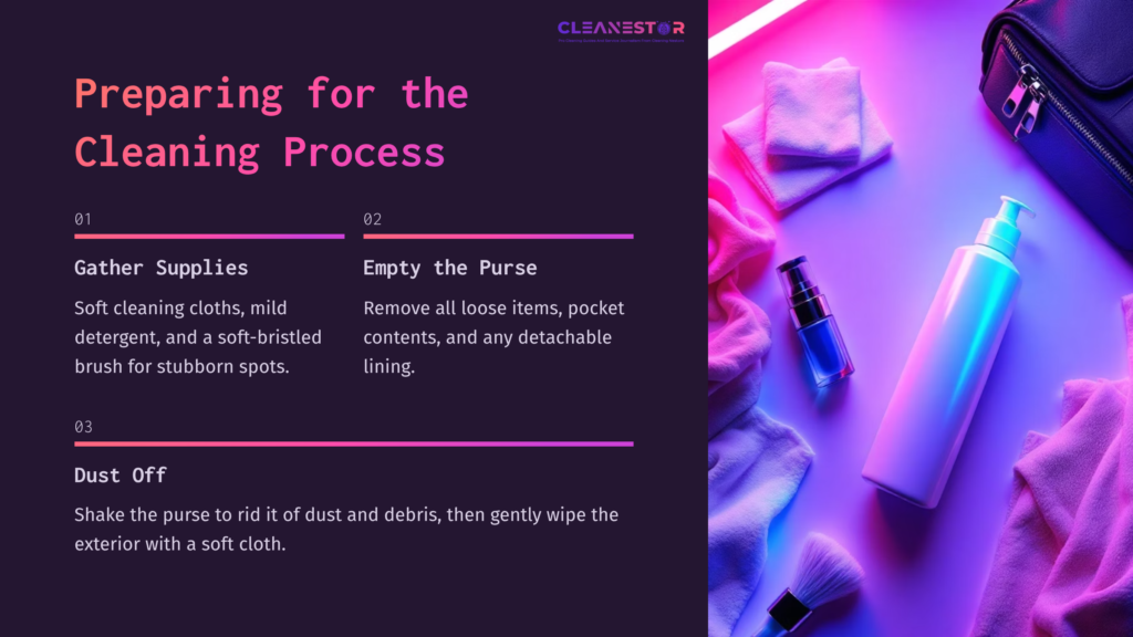 Brightly Colored Cleaning Supplies, Including Cloths, A Brush, And Cosmetic Items, Arranged Around A Circular Sak Purse On A Purple Background.