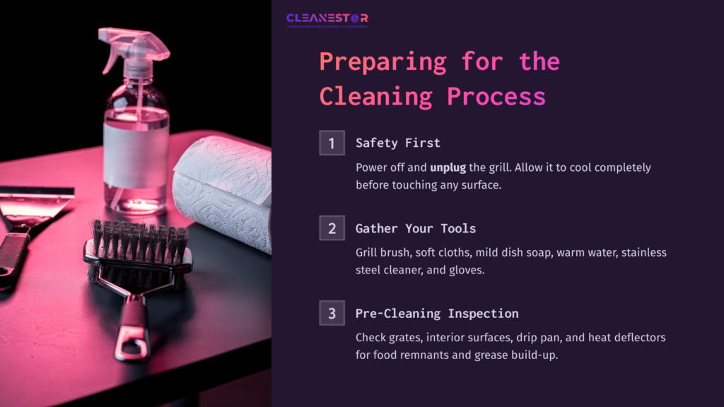 3 Preparing For The Cleaning Process 7 A Spray Bottle, Cloth, And Grill Brush Are Featured On A Pink-Lit Surface, Accompanied By Cleaning Steps For A Rec Tec Grill.