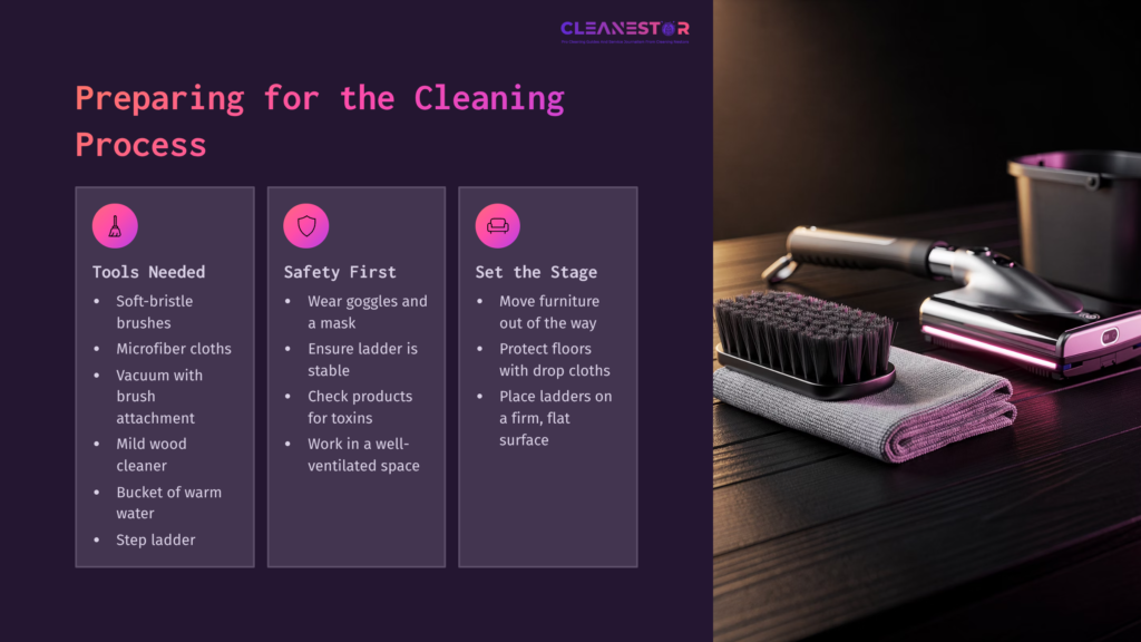 Checklist For Cleaning Tongue And Groove Ceilings, Featuring Tools, Safety Tips, And Setup Instructions In Bold Text On A Dark Background.