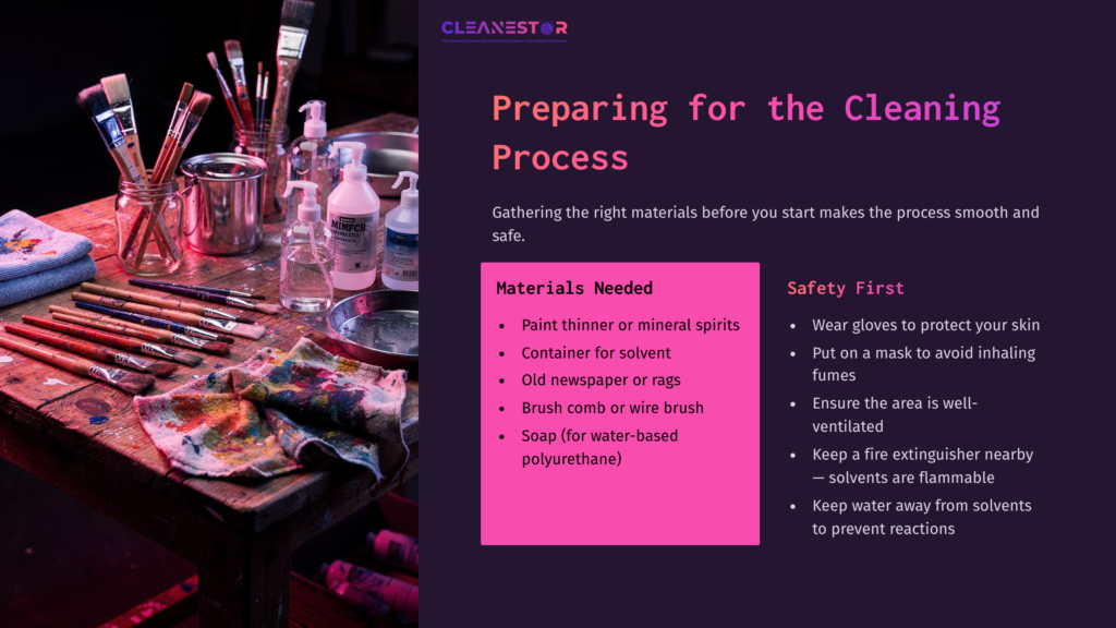 A Cluttered Table With Paint Supplies, Including Brushes, Solvent Containers, And Cleaning Materials, Set Against A Dark Background.