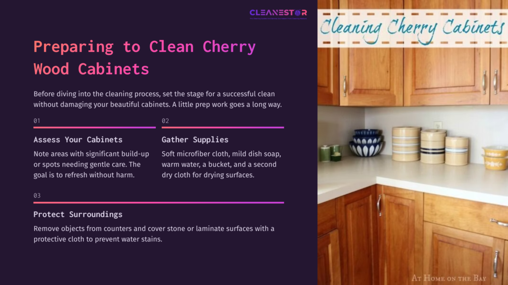 A Kitchen Scene Featuring Cherry Wood Cabinets, A Sink, Cleaning Supplies, And A Decorative Bowl, Highlighting A Tidy, Organized Space.