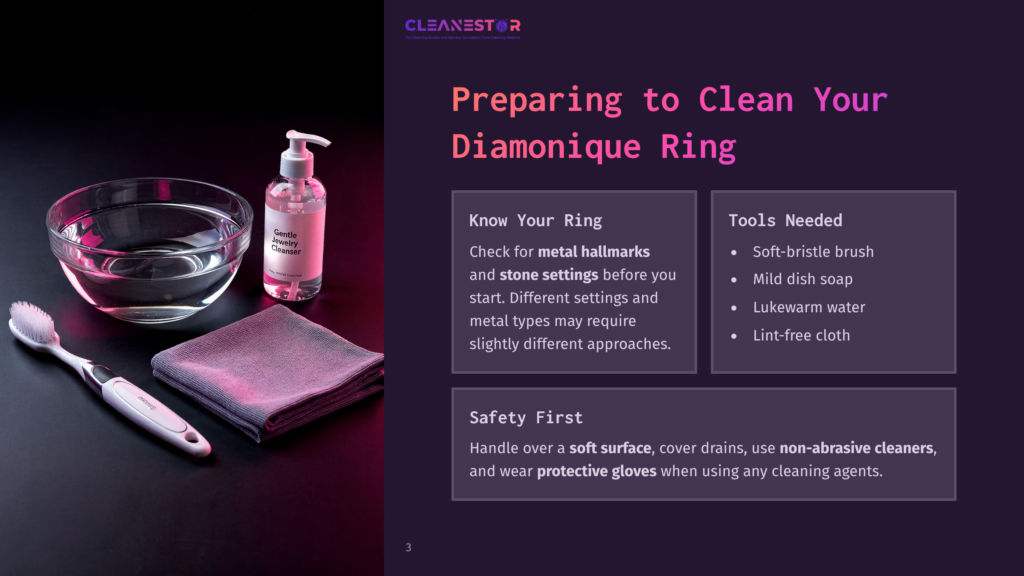 A Bowl Of Water, A Bottle Of Cleanser, A Soft Cloth, And A Soft-Bristled Brush, Set Against A Dark Background With Instructional Text.