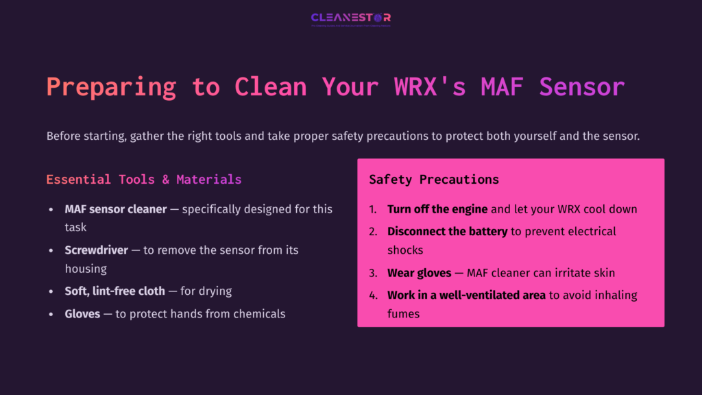 Text On A Dark Background Lists Essential Tools And Safety Precautions For Cleaning A Maf Sensor, Highlighted In Contrasting Colors.