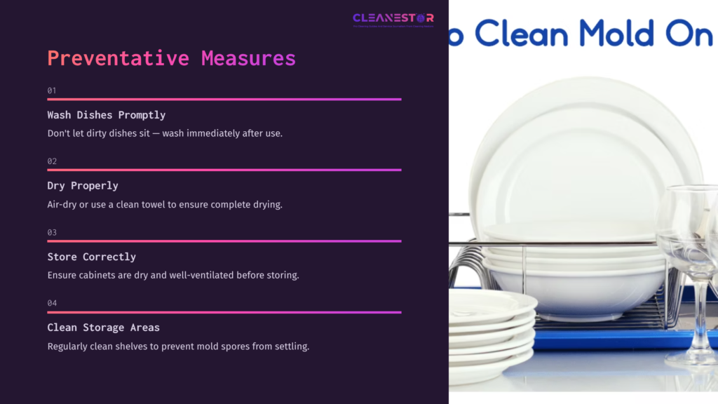 White Dishes Stacked Neatly On A Drying Rack, Alongside Text Outlining Steps To Prevent Mold On Dishes With A Dark Purple Background.