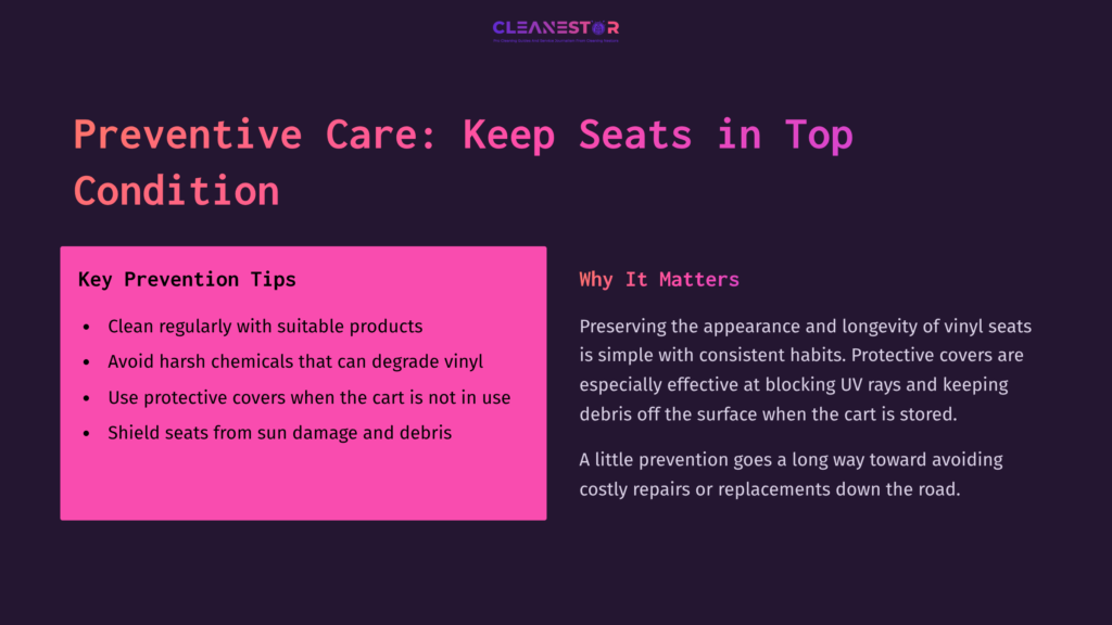 Bright Graphic Emphasizing Preventive Care For Vinyl Golf Cart Seats, Featuring Pink Text With Cleaning Tips And Reasons For Maintenance.