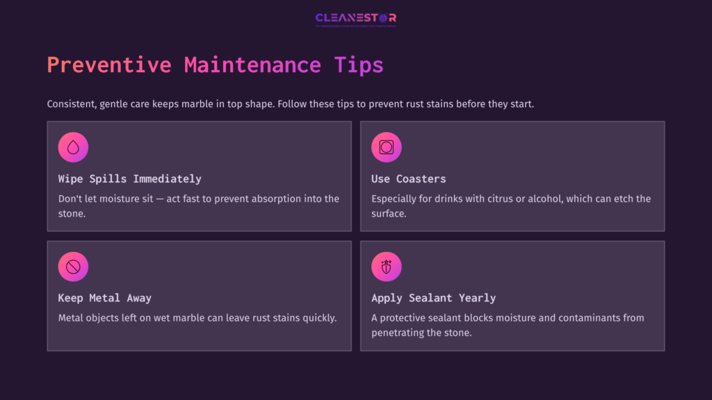 Four Vibrant Pink Boxes On A Dark Purple Background With Maintenance Tips For Preventing Rust Stains On Marble.