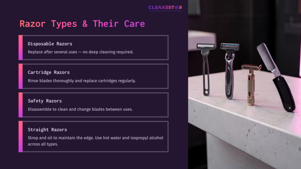 Four Types Of Razors Displayed On A Countertop: Disposable, Cartridge, Safety, And Straight, With Care Instructions Highlighted.