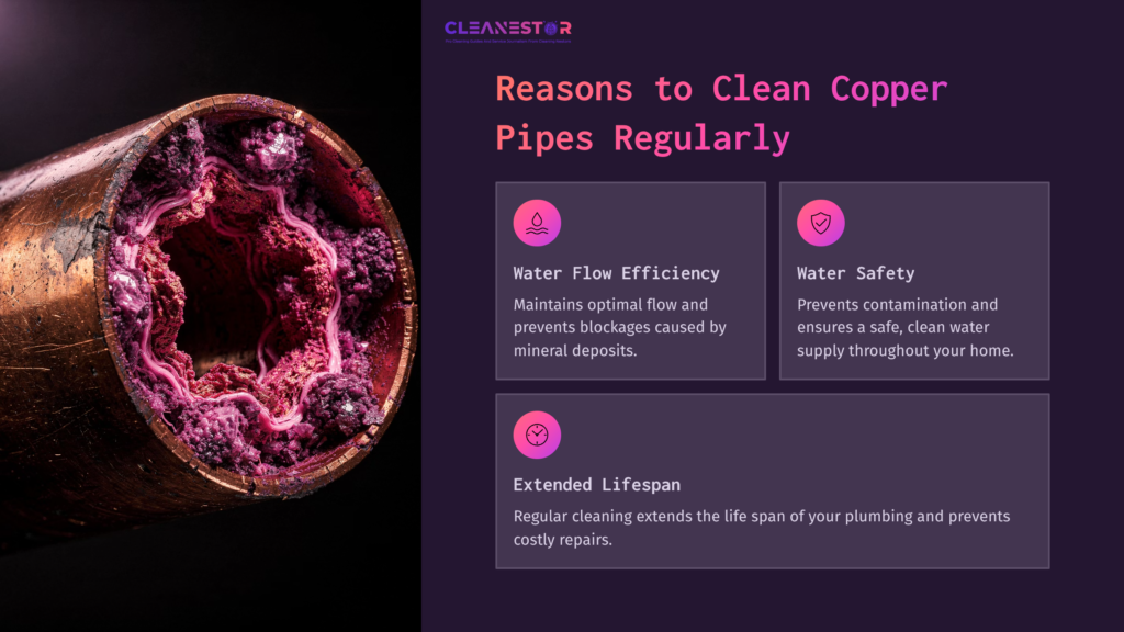 Close-Up Of A Corroded Copper Pipe With Purple And Pink Mineral Buildup, Alongside Text Highlighting Reasons For Regular Cleaning.