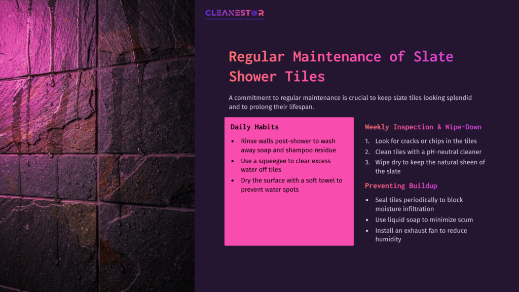 3 Regular Maintenance Of Slate Shower Tiles Slate Shower Tiles With A Textured Surface In A Dark Hue, Featuring Maintenance Tips In White Text On A Purple Background.
