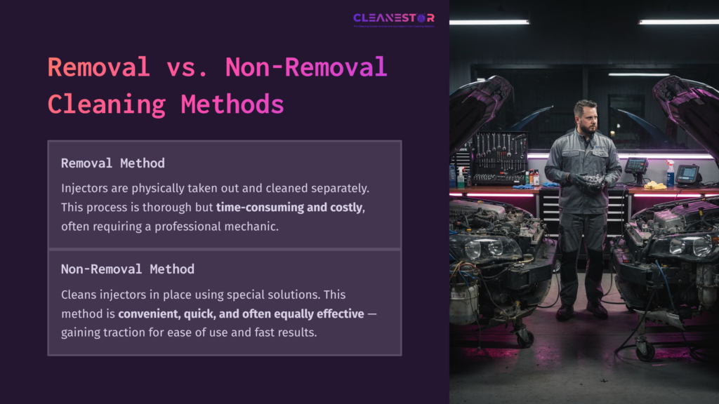 A Mechanic Stands Between Two Open Car Hoods, Analyzing Injector Cleaning Methods. The Scene Features Vibrant Lighting And Clean Tools.
