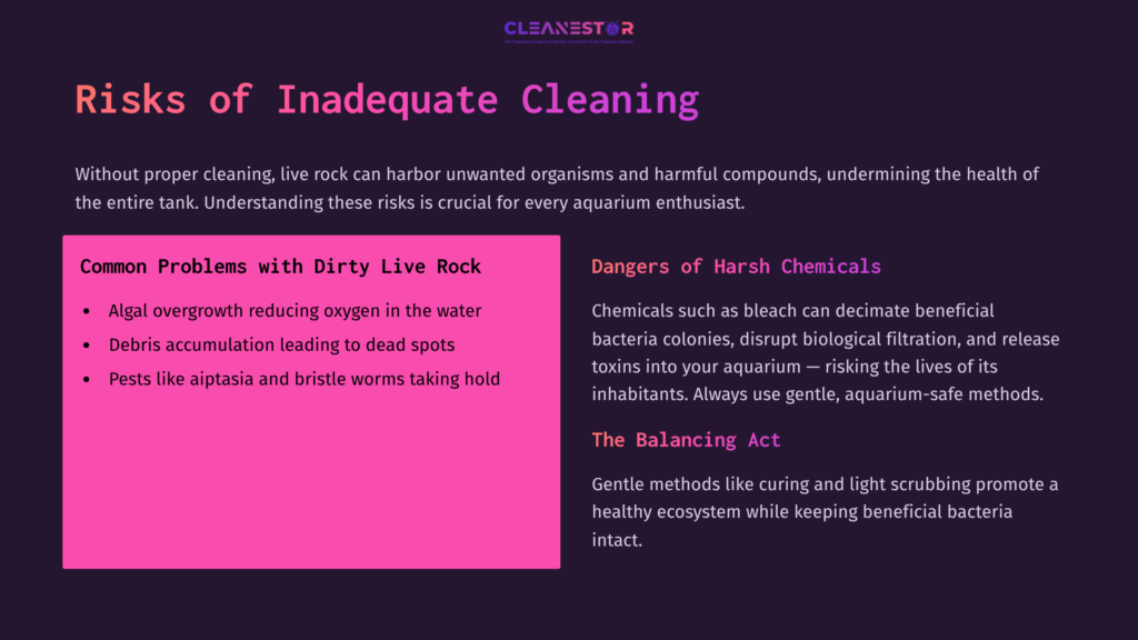 Bright Pink Box Highlights &Quot;Risks Of Inadequate Cleaning,&Quot; Surrounded By Dark Text Detailing Problems And Dangers Of Cleaning Live Rock.
