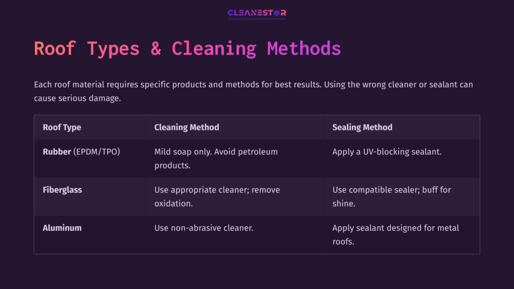 Table Displaying Roof Types, Cleaning Methods, And Sealing Methods With Purple Background And White Text For Clarity.