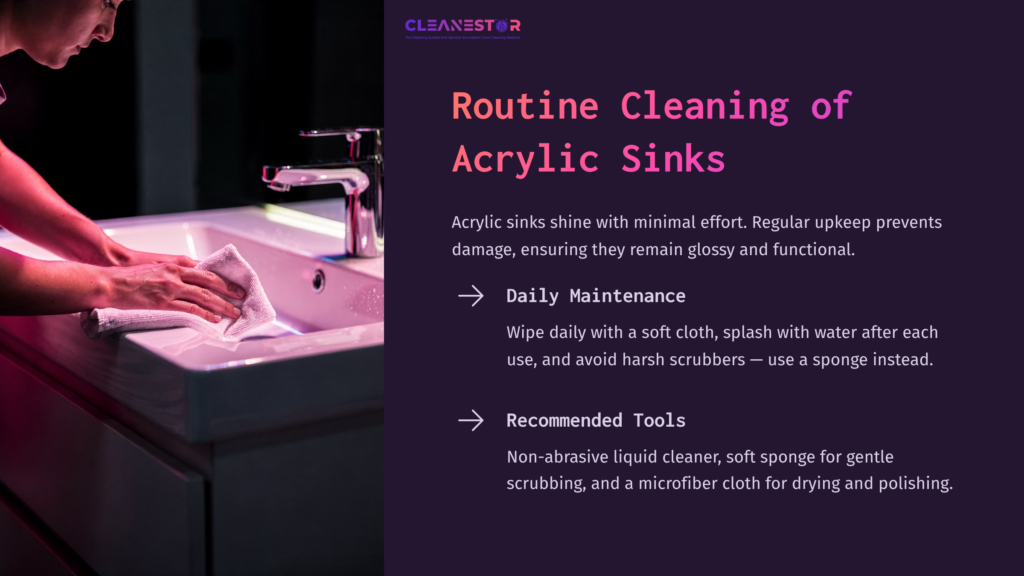 A Person Wiping An Acrylic Sink With A Soft Cloth, Surrounded By Cleaning Supplies And Tips For Maintenance And Care.