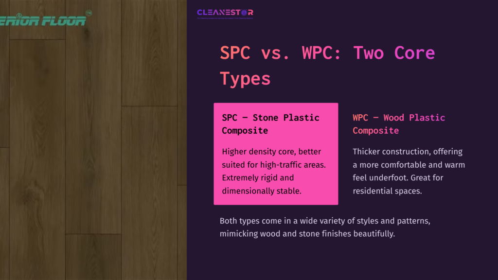 Comparison Chart Showcasing Spc (Stone Plastic Composite) And Wpc (Wood Plastic Composite) Flooring Types With Brief Descriptions And Features.