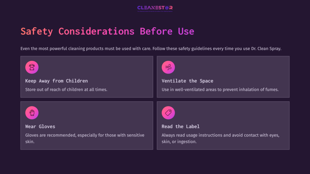 3 Safety Considerations Before Use Four Quadrants With White Text On A Purple Background Outlining Safety Considerations For Using Cleaning Products, Including Keeping Away From Children, Ventilation, Wearing Gloves, And Reading The Label.