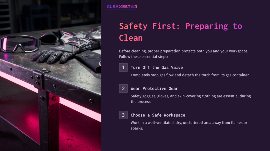 A Workspace With Safety Goggles, Gloves, And A Propane Torch On A Table With Pink Lighting, Highlighting Safety Precautions For Cleaning.